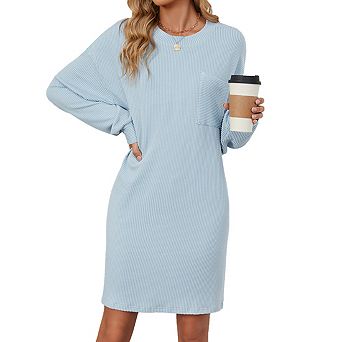Women's Crew Neck Long Sleeve Waffle Knit Oversized Ribbed Cuffs Midi Dress