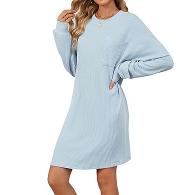 Women's Crew Neck Long Sleeve Waffle Knit Oversized Ribbed Cuffs Midi Dress