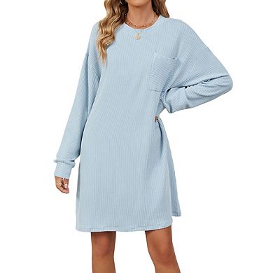 Women's Crew Neck Long Sleeve Waffle Knit Oversized Ribbed Cuffs Midi Dress