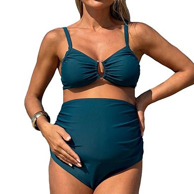 Maternity V-neck Sleeveless Adjustable Straps Ruched High Waist Bottom Bikini Set