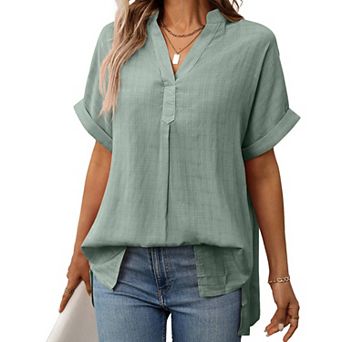 Women's Loose Fit Blouse V Neck Short Sleeve Plaid Striped Rolled Cuff Casual Shirt