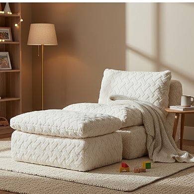 GOMYHOME Corduroy Low-Profile Accent Chair with Ottoman, Cream White