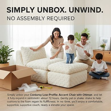 GOMYHOME Corduroy Low-Profile Accent Chair with Ottoman, Cream White