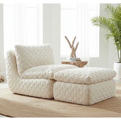 GOMYHOME Corduroy Low-Profile Accent Chair with Ottoman, Cream White