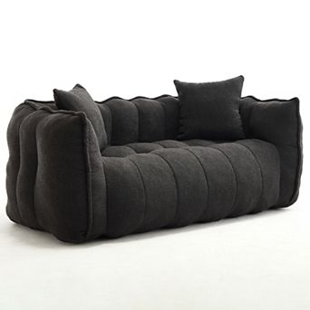 GOMYHOME 66" Modern Bouclé Deep Seat Loveseat Sofa, Channel Tufted Teddy Fabric, Dark Grey