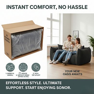 GOMYHOME 66" Modern Bouclé Deep Seat Loveseat Sofa, Channel Tufted Teddy Fabric, Dark Grey