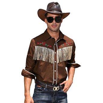 Men's Western Cowboy Fringe Shirt Long Sleeve Rose Embroidered Slim Fit Button Down Shirt