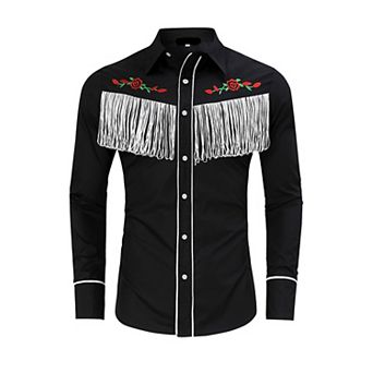 Men's Western Cowboy Fringe Shirt Long Sleeve Rose Embroidered Slim Fit Button Down Shirt