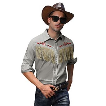 Men's Western Cowboy Fringe Shirt Long Sleeve Rose Embroidered Slim Fit Button Down Shirt