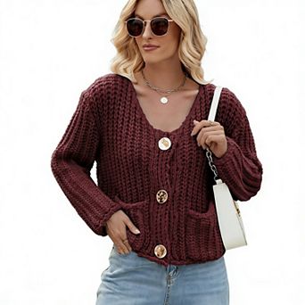 Womens Open Front V Neck Cardigan Sweater Button Down Long Sleeve Chunky Knit Cardigans with Pockets