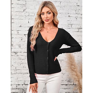 Women's Reversible V-Neck Cardigan Sweater Solid Color 2-Way Wear Knit Top