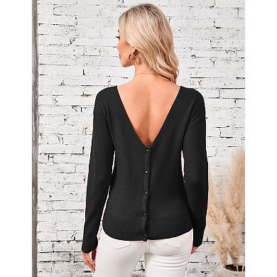 Women's Reversible V-Neck Cardigan Sweater Solid Color 2-Way Wear Knit Top