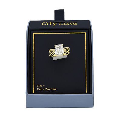 City Luxe Gold Tone Cubic Zirconia Emerald Cut Split Band Ring