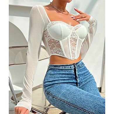 Women's Long Sleeve Mesh Corset Top See-Through Lace Bustier Cropped Shirt with Boning