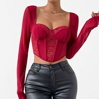 Women's Long Sleeve Mesh Corset Top See-Through Lace Bustier Cropped Shirt with Boning