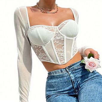 Women's Long Sleeve Mesh Corset Top See-Through Lace Bustier Cropped Shirt with Boning