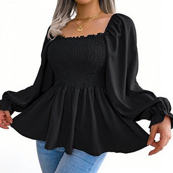 Women's Ruffled Square Neck Blouse Smocked Bust Tunic Top Elegant Boho Shirt with Flowy Hem