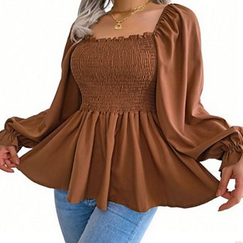 Women's Ruffled Square Neck Blouse Smocked Bust Tunic Top Elegant Boho Shirt with Flowy Hem