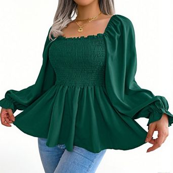 Women's Ruffled Square Neck Blouse Smocked Bust Tunic Top Elegant Boho Shirt with Flowy Hem