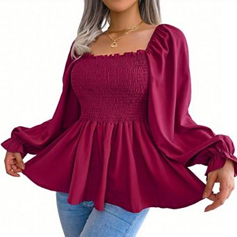 Women's Ruffled Square Neck Blouse Smocked Bust Tunic Top Elegant Boho Shirt with Flowy Hem
