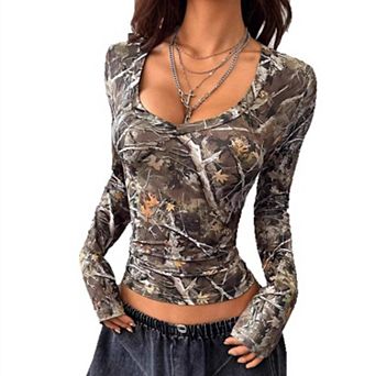 Women's Vintage Camo Print Long Sleeve Crop Top Deep U-Neck Bodycon Shirt Slim Fit Ribbed T-Shirt