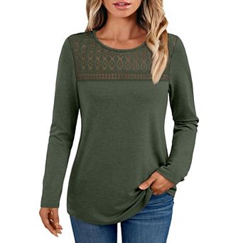 Women's Lace Hollow Long Sleeve Top Casual Crew Neck Blouse with Elegant Lace Detail
