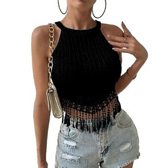 Women's Elegant Fringe Vest Cropped Tummy Show Top Sleeveless Stretchy Slim Fit Casual Blouse
