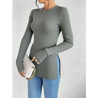 Women's Simple Long Sleeve Tee Fall Winter Split Hem Slim Fit Fashionable Basic Tunic Top