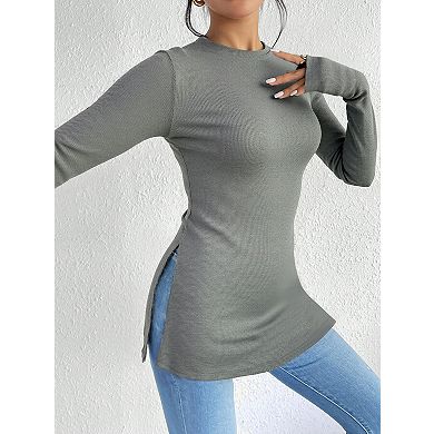 Women's Simple Long Sleeve Tee Fall Winter Split Hem Slim Fit Fashionable Basic Tunic Top