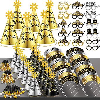 2026 New Year Party Pack: 18 hats, 18 tiaras, 16 glasses, 15 squawkers & blowouts for festive fun