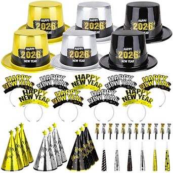 48 pc New Year Party Kit for 24: hats, horns, blowouts, shiny headbands safe, fun & easy to use