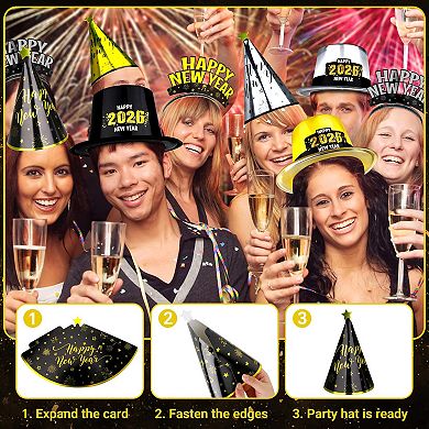48-Pc New Year Party Kit for 24: hats, horns, blowouts, shiny headbands safe, fun & easy to use
