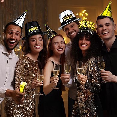 48-Pc New Year Party Kit for 24: hats, horns, blowouts, shiny headbands safe, fun & easy to use