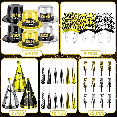 48-Pc New Year Party Kit for 24: hats, horns, blowouts, shiny headbands safe, fun & easy to use