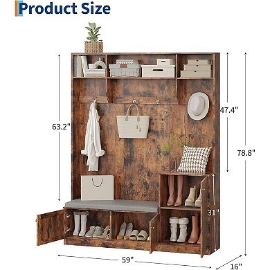 78.8" Farmhouse Hall Tree with Shoe Cubbies, Coat Rack & Shelves, Freestanding Entryway Cabinet