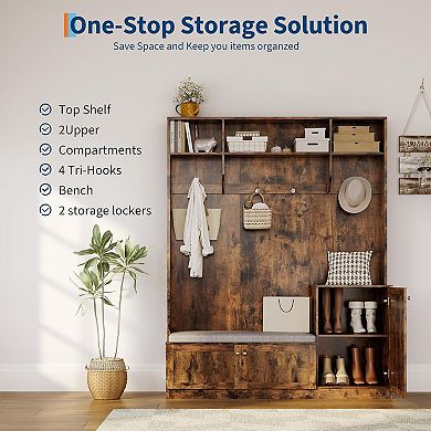 78.8" Farmhouse Hall Tree with Shoe Cubbies, Coat Rack & Shelves, Freestanding Entryway Cabinet