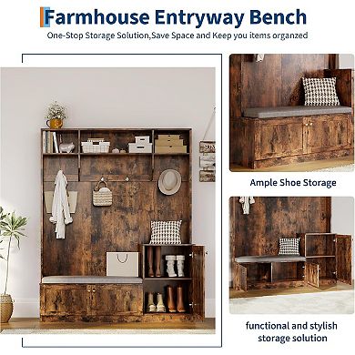 78.8" Farmhouse Hall Tree with Shoe Cubbies, Coat Rack & Shelves, Freestanding Entryway Cabinet