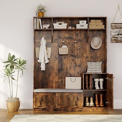 78.8" Farmhouse Hall Tree with Shoe Cubbies, Coat Rack & Shelves, Freestanding Entryway Cabinet