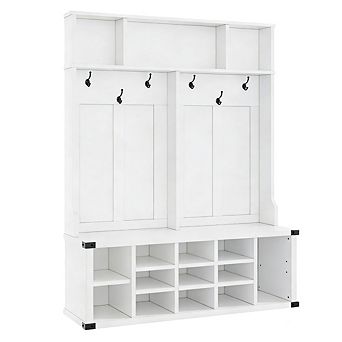 76" Farmhouse Hall Tree Bench with 6 Tri-Hooks, Shoe Storage & Adjustable Shelf