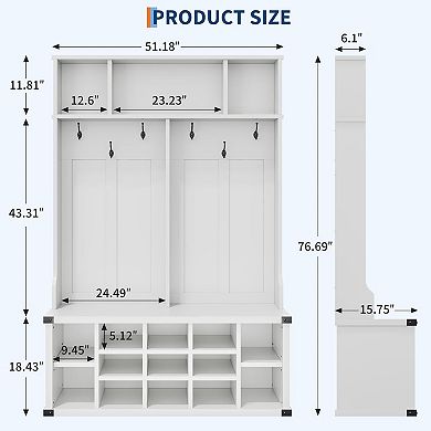76" Farmhouse Hall Tree Bench with 6 Tri-Hooks, Shoe Storage & Adjustable Shelf