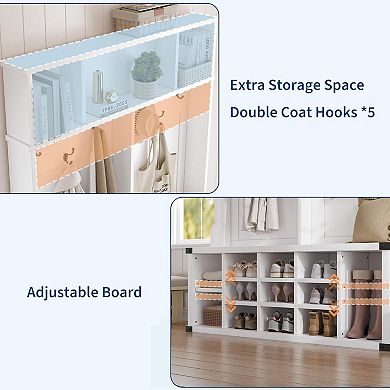 76" Farmhouse Hall Tree Bench with 6 Tri-Hooks, Shoe Storage & Adjustable Shelf