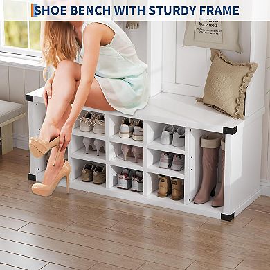76" Farmhouse Hall Tree Bench with 6 Tri-Hooks, Shoe Storage & Adjustable Shelf
