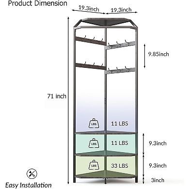 Corner Coat Rack with Shoe Bench, 6 Double Hooks, Modern Hallway Tree, 20 x 20 x 71 Inches