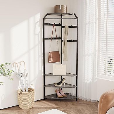Corner Coat Rack with Shoe Bench, 6 Double Hooks, Modern Hallway Tree, 20 x 20 x 71 Inches