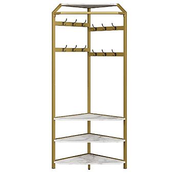 Corner Coat Rack with Shoe Bench, 6 Double Hooks, Modern Hallway Tree, 20 x 20 x 71 in