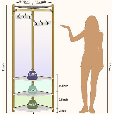 Corner Coat Rack Stand with 6 Double Hooks & Shoe Storage Shelves, Freestanding for Entryway