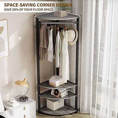 Corner Coat Rack Stand with 6 Double Hooks & Shoe Storage Shelves, Freestanding for Entryway