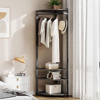 Corner Coat Rack Stand with 6 Double Hooks & Shoe Storage Shelves, Freestanding for Entryway