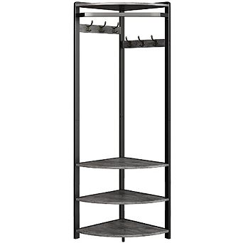 Corner Coat Rack Stand with 6 Double Hooks & Shoe Storage Shelves, Freestanding for Entryway