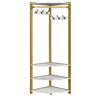 Corner Coat Rack Stand with 6 Double Hooks & Shoe Storage Shelves, Freestanding for Entryway